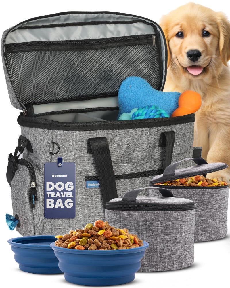 rubyloo The Original Doggy Bagâ„¢- Dog Travel Bag for Supplies - Ultimate Gift for Dog Moms & Dads, Doggy Lovers & Pet Owners for Christmas- Includes 2 BPA-Free Travel Bowls and 2 Food Containers: Grey - Image 1